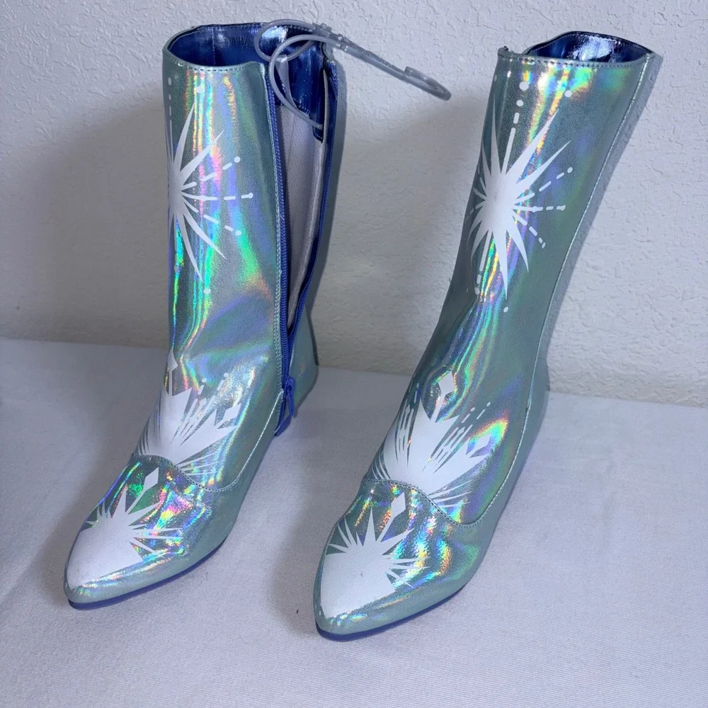Disney Frozen kids Elsa Boots Size 2/3 Blue Holographic Iridescent Faux Pearl